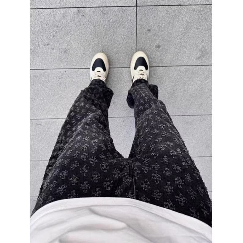 High Street Hip Hop Trousers, Trendy Brand Cool and Handsome Jacquard Full Print Jeans for Men, American Style Vibe Straight Leg Pants
