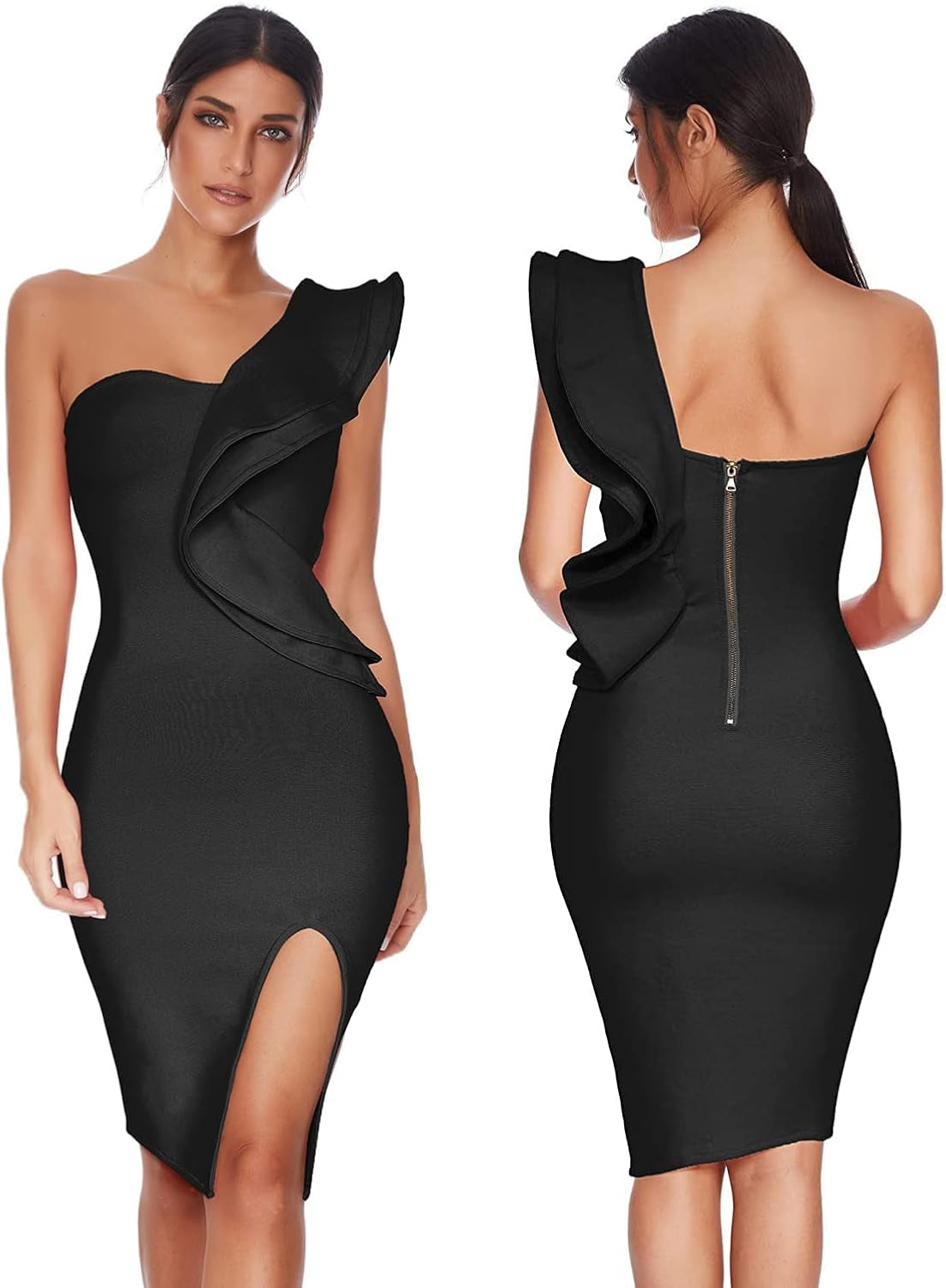 One Shoulder Ruffle Dress Side Split Bodycon Bandage Dress Wedding Guest Dress
