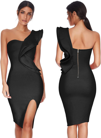 One Shoulder Ruffle Dress Side Split Bodycon Bandage Dress Wedding Guest Dress