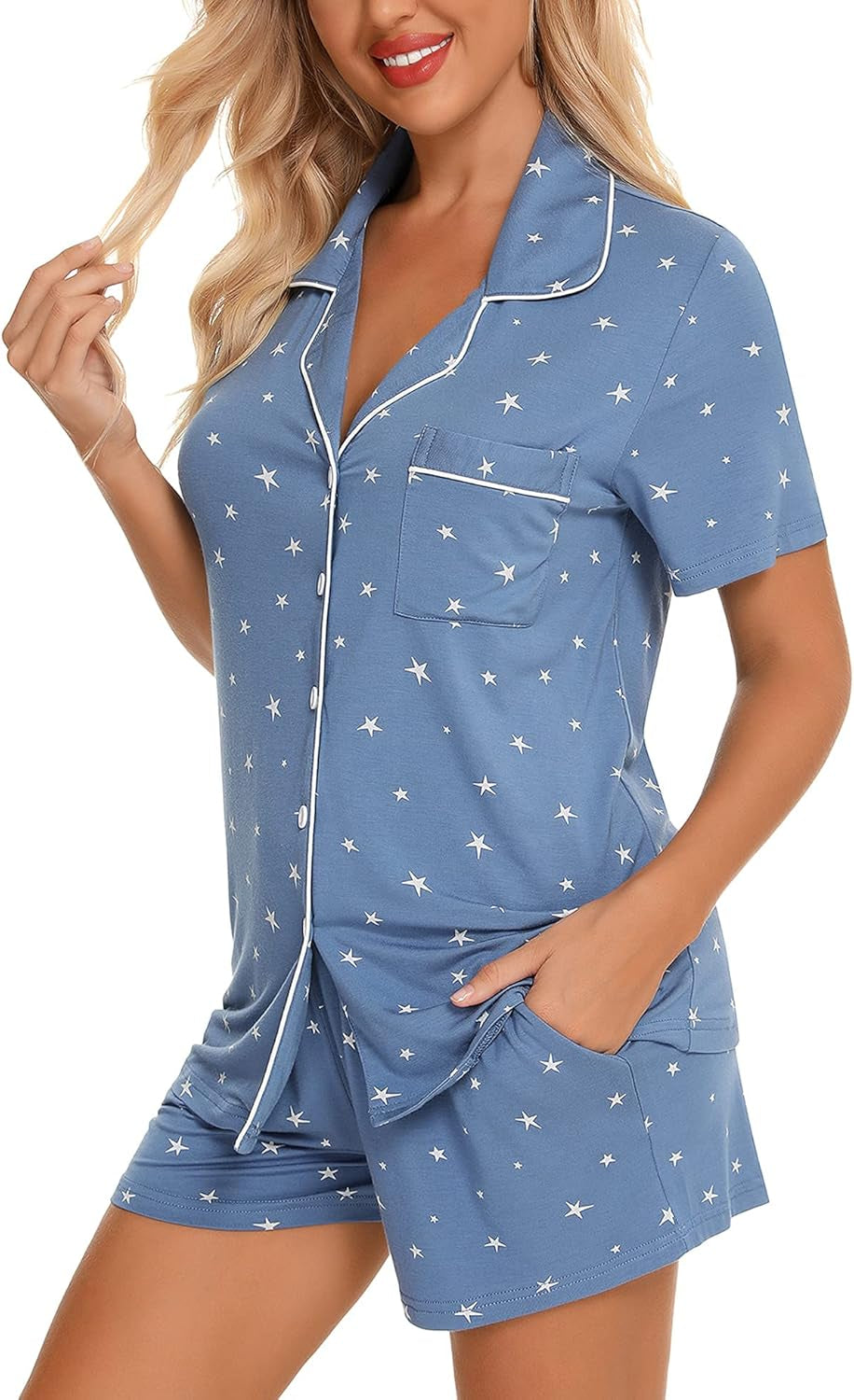 Samring Womens Pajamas Set Short Sleeve Sleepwear Button down Nightwear Shorts Soft Pj Sets S-XXL