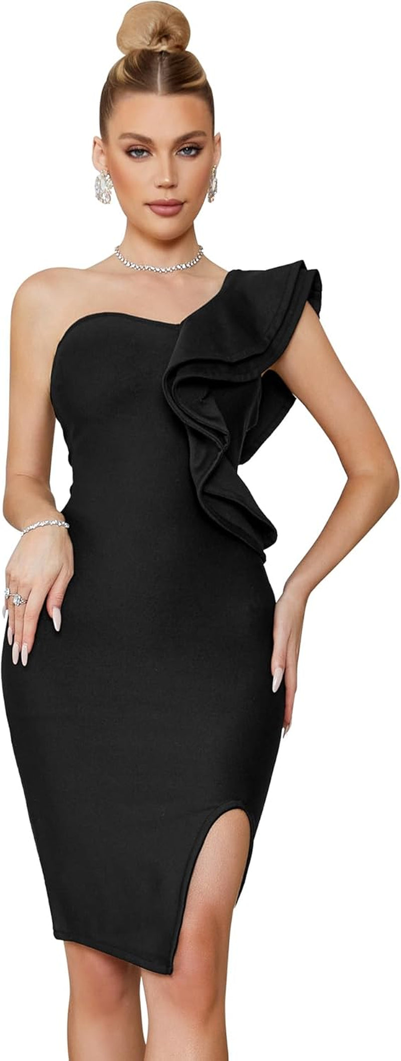 One Shoulder Ruffle Dress Side Split Bodycon Bandage Dress Wedding Guest Dress