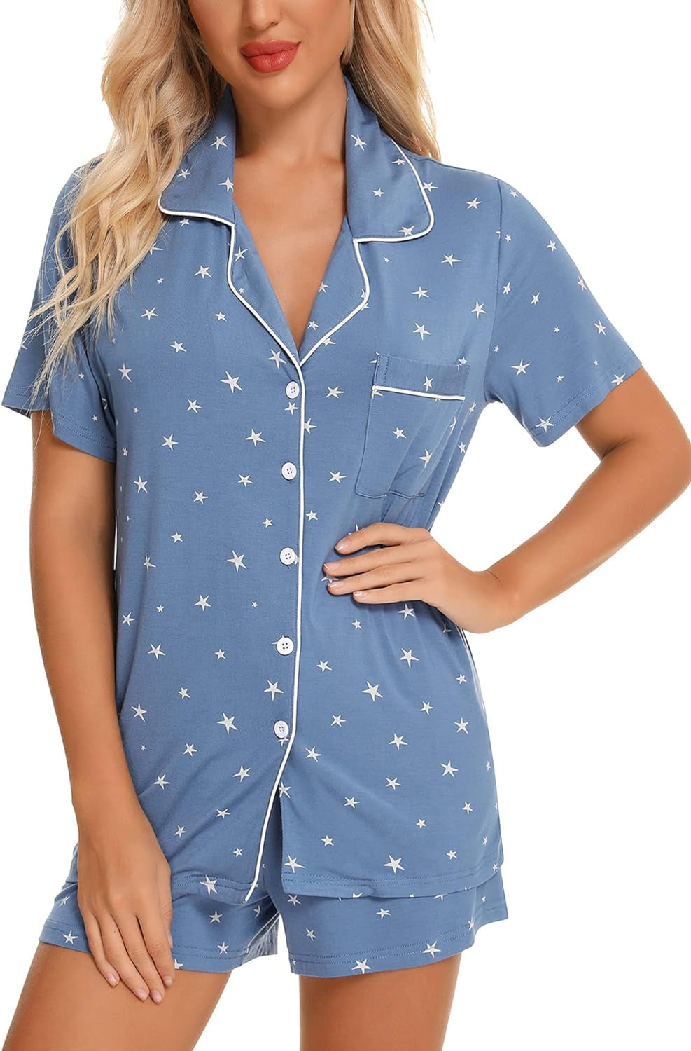 Samring Womens Pajamas Set Short Sleeve Sleepwear Button down Nightwear Shorts Soft Pj Sets S-XXL