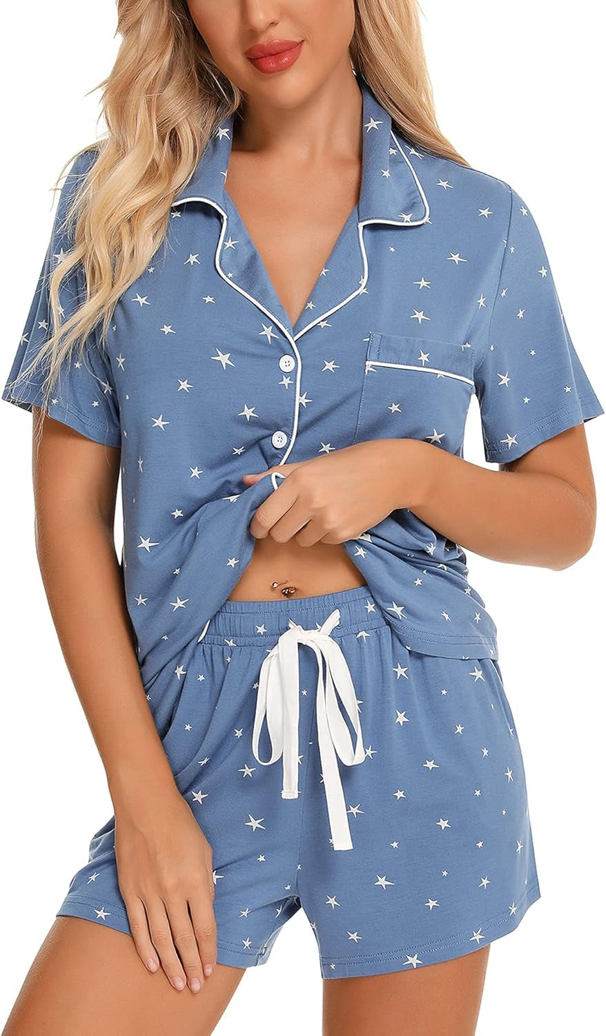 Samring Womens Pajamas Set Short Sleeve Sleepwear Button down Nightwear Shorts Soft Pj Sets S-XXL