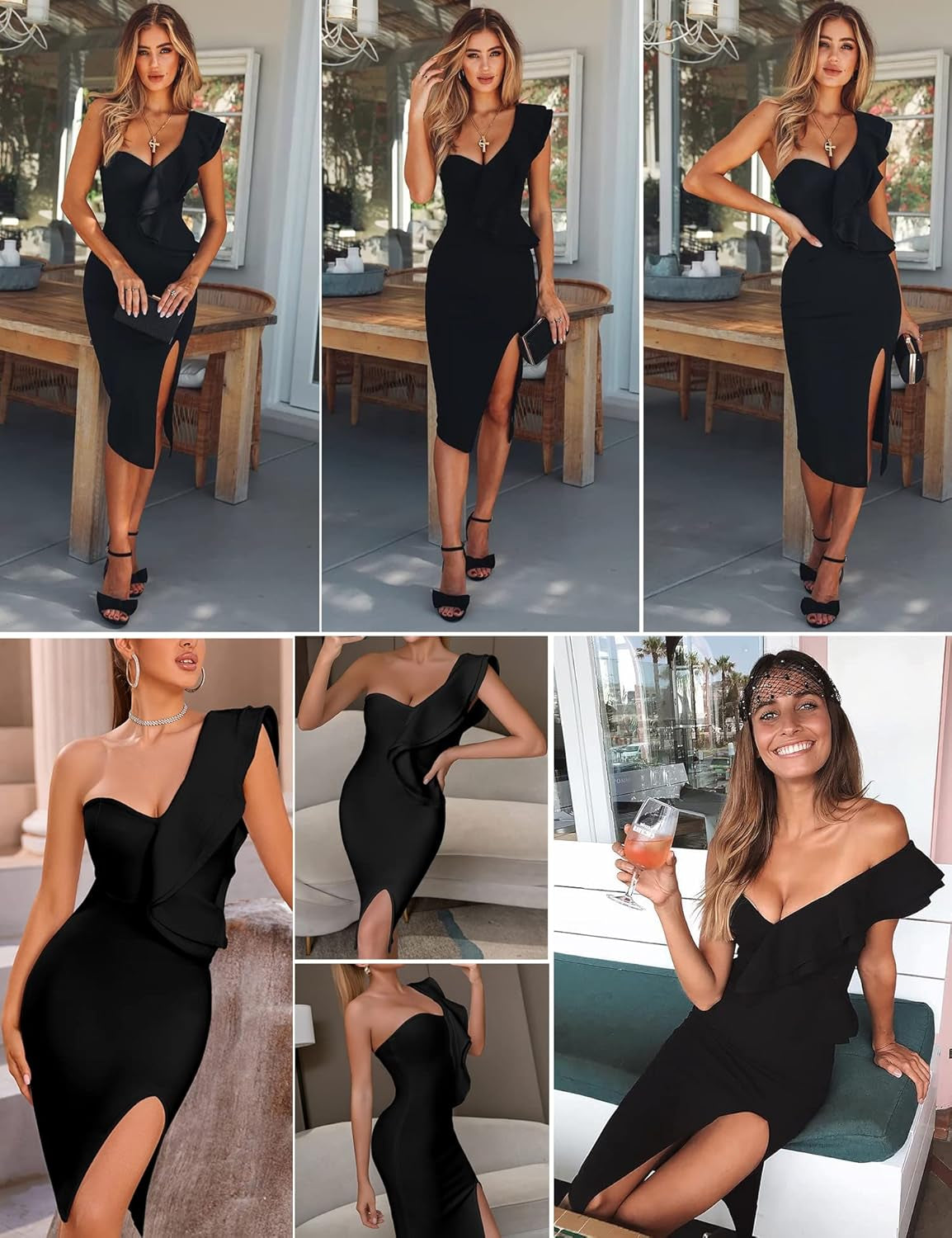 One Shoulder Ruffle Dress Side Split Bodycon Bandage Dress Wedding Guest Dress